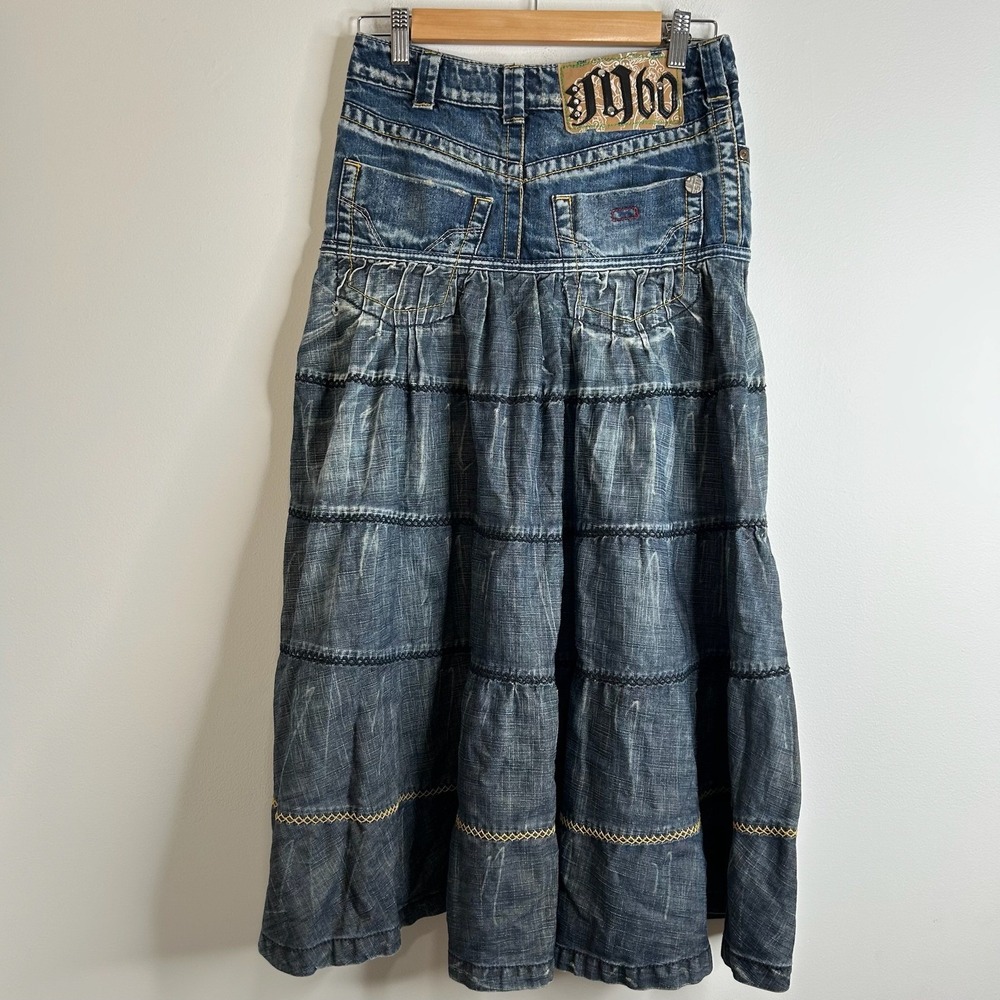 VTG Miss Sixty M60 Denim Tiered Midi Skirt XS Distressed Boho Festival Y2K 90s - Picture 5 of 10